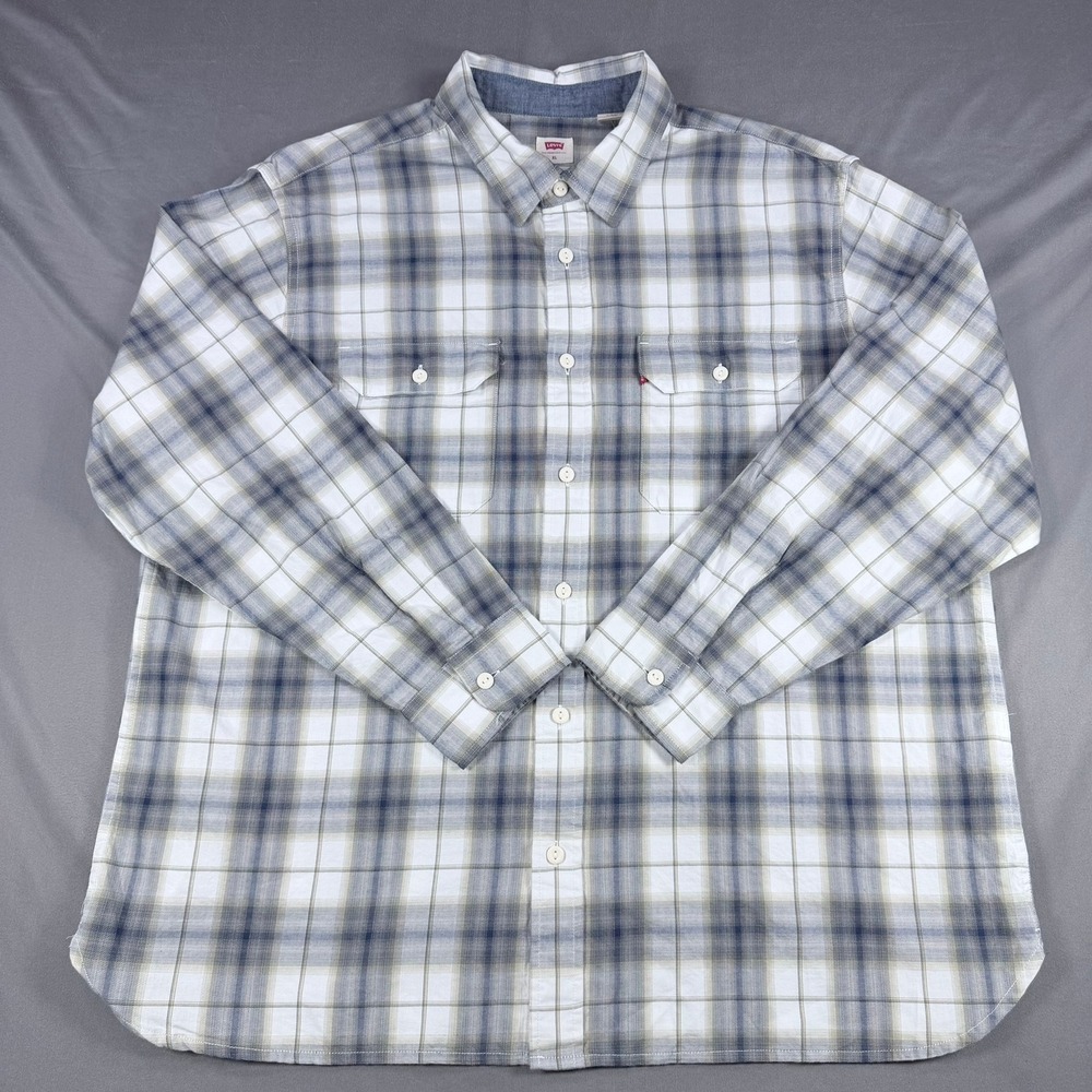 Levi's Mens XL White Blue Plaid Cotton The Worker Relaxed Fit Button Up Shirt‎